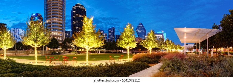 Twilight Panorama Of Klyde Warren Park And Downtown Dallas Skyline - North Texas