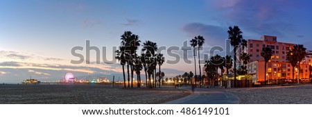 Twilight Panorama of Santa Monica Pier and Oceanfront Walk - Los Angeles California