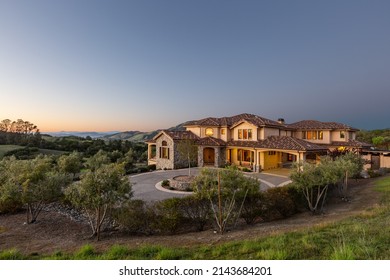 Twilight Photo Of A Beautiful Spanish Style Home With Gorgeous View On 75 Acre, Sonoma Wine Country Estate, Horse Property