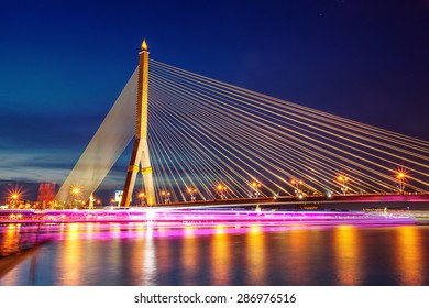 Twilight of Rama 8 bridge, the famous landmark in Bangkok, Thailand