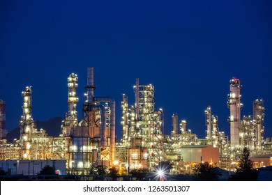 Twilight Scene Of Oil Refinery Plant Of Petrochemistry Industry In Twilight Time