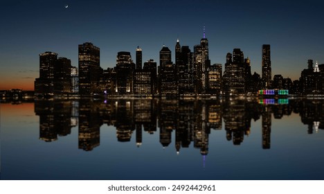 Twilight shot of New York city Skyline by night out of focus with bokeh with wide angle looking towards downtown Manhattan - Powered by Shutterstock