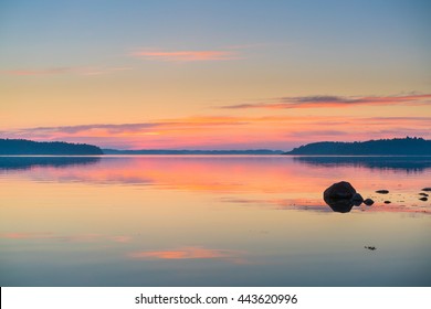 Twilight Sunset View Of The Scandinavian Baltic Sea And Swedish Archipelago With Rocks In The Sea. Shot During Mid Summer Festival