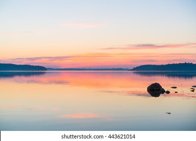 Twilight Sunset View Of The Scandinavian Baltic Sea And Swedish Archipelago With Rocks In The Sea. Shot During Mid Summer Festival