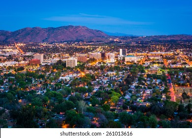 Twilight view of the city of Riverside, from Mount Rubidoux Park, in Riverside, California.