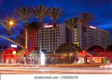 Twilight View Of The Downtown Anaheim, California Skyline.