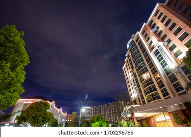 Twilight View Of The Downtown Anaheim, California Skyline.