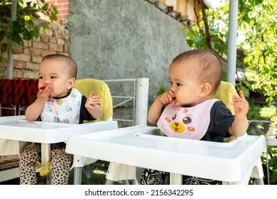 Twin babies eating strawberry and wearing bibs while sitting on high chair