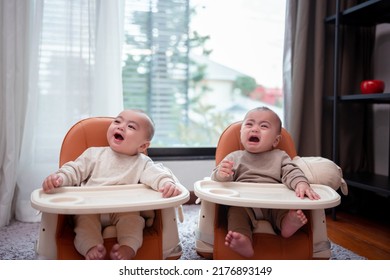 Twin baby newborn on pram at home. Infant child portrait happy concept, Healthy childcare in the morning. - Powered by Shutterstock