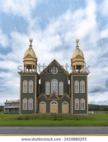 The twin belfries of the 1909 church, which today houses the Musée Culturel du Mont-Carmel in Grand Isle, Maine. Maine Acadian Culture affiliated area of National Park Service. 