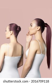 Twin Burgundy-haired Ladies Are Showing Difference In Hairstyle With And Without Straight Natural Looking Pony Tail. Both Girls In White Tops Are Faced Away. 