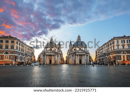 Twin Churches of Piazza del Popolo in Rome, Italy at twilight.