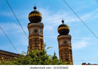 The Twin Clock Towers Of The Dohány Street Synagogue In Budapest, Hungary