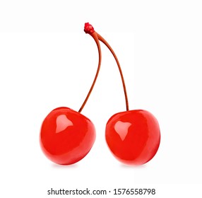 Twin or double maraschino cherries with stems isolated on white background