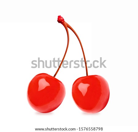Twin or double maraschino cherries with stems isolated on white background