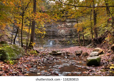 Twin Falls In Arkansas Shot During The Colorful Fall Season.