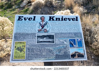 Twin Falls, Idaho: October 29, 2021: Evel Knievel Marker At Snake River Canyon In The State Of Idaho. Evel Knievel Was Born In 1938.