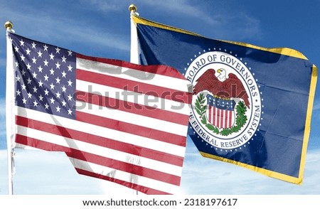 Twin Flags USA and Federal Reserve System, Fed Waving Flags with Textured Background 