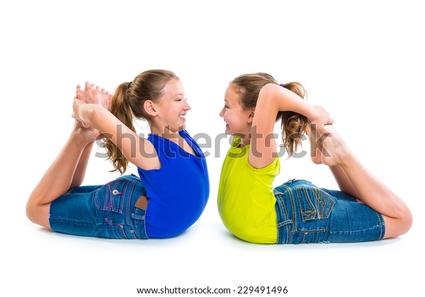 Twin Kid Sisters Symmetrical Flexible Playing Stock Photo 229491496 ...