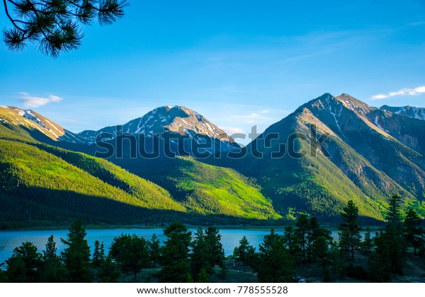 Twin Peaks at Mount Elbert the Tallest Peak in\
Colorado and the High Altitude Gorgeous Twin Lake down below. A\
Summer Landscape high in the Rocky Mountains of Colorado near Aspen\
in the Sawach Range