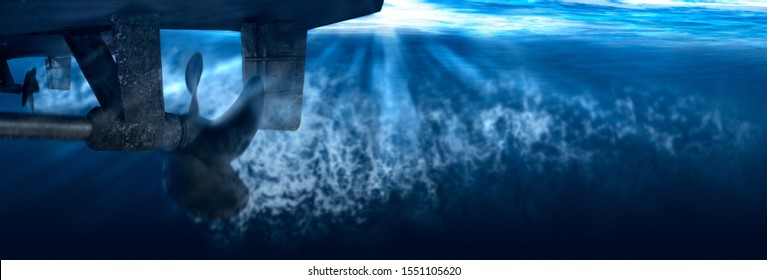 Twin propeller and rudder of big ship underway from underwater. Close up image detail of ship. Transportation industry. Freight transportation. Ship repair, underwater survey and shipping business