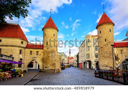 Twin towers of Viru Gate in the old town of Tallinn, Estonia
