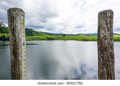 Twin Water Measure Wood At River In Queensland, Australia