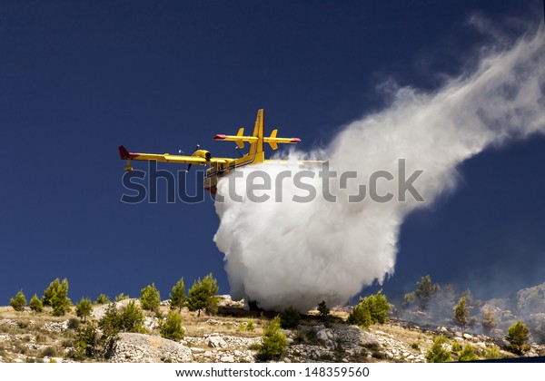 A twin-engined water bomber dumping its load on a\
forest fire