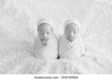 Twins. Newborn Twin Boys. The First Photo Session Of Newborns. Twin Brothers Black And White Photo