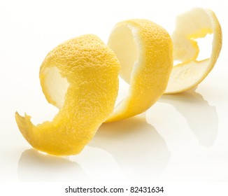 Twist Of Citrus Lemon Peel On A White Background.