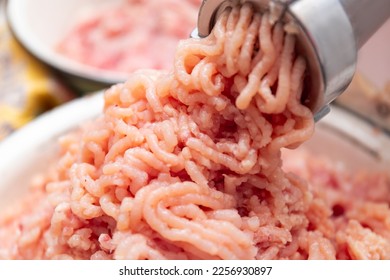Twist farf in a meat grinder. Minced chicken comes out of the meat grinder at home. Cooking stocks of minced meat at home
