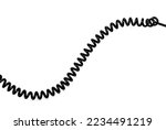 Twisted black telephone cord on a white background.Black telephone wire.