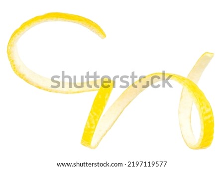 Twisted lemon peel isolated on a white background. Curly lemon zest, healthy food.