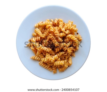 Twisted pasta with tomato sauce spiced with red pepper flakes