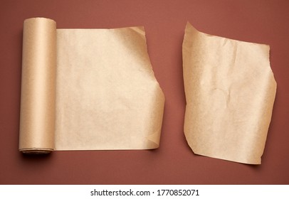 Twisted Roll Of Brown Parchment Paper On A Brown Background, Wax Baking Paper, Top View