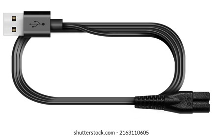 Twisted single black USB cable with power jack. Isolated 3D illustration. usb cord. Charger usb cable on a white background. 3D render. 