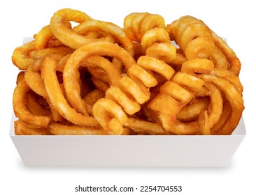 Twister Fries in paper plate isolated on white background, French fries on white With clipping path.