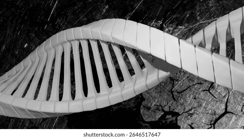 Twisting DNA strand over cracked earth, symbolizing image in genetic research. Genetics, biotechnology, science, innovation, environment, biology