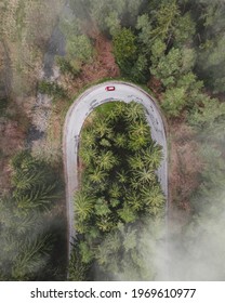 Twisting Forest Road With A Red Car And Clouds Overhead