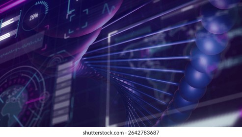 Twisting glowing DNA double helix floating in futuristic lab interface, with molecular nodes. Futuristic, technology, digital, innovation, science, data, abstract