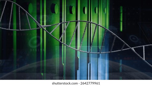 Twisting metallic DNA helix spanning digital space, with data bars, code overlays, planet curvature. Futuristic, technology, digital, innovation, science, cyber, data