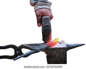 Twisting a red-hot billet is clamped in the grip, isolated on a white background. Blacksmith twists a hot rod on the anvil. - Powered by Shutterstock