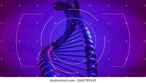 Twisting and spiraling DNA double helix in virtual 3D interface with glowing nodes and target grids. Futuristic, science, biotechnology, innovation, digital, connectivity, abstract