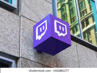Twitch logo at company headquarters in Silicon Valley. Twitch is a live streaming video platform owned by Twitch Interactive, a subsidiary of Amazon - San Francisco, CA, USA - Circa, 2019
