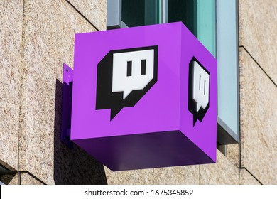 Twitch sign at company headquarters in Silicon Valley. Twitch is a live streaming video platform owned by Twitch Interactive, a subsidiary of Amazon - San Francisco, CA, USA - 2020