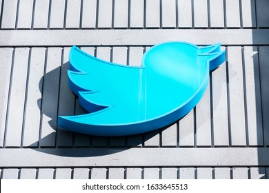 Twitter Bird logo on the headquarters building in downtown. Twitter is an American microblogging and social networking service - San Francisco, California, USA - 2020