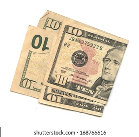 Two $10 Bills (US Dollars) On White Background