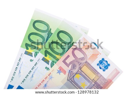 Two 100 euro and one single 50 euro note. All on white background.