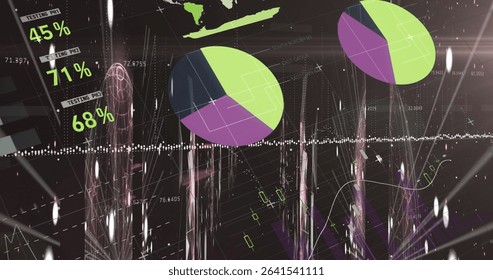 Two 3D pie charts floating in analytics dashboard, with percentage labels and dotted trend line. Data visualization, dashboard, digital interface, future technology, information analysis, abstract