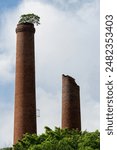 two abandoned chimneys, which are standing in a forest, with white clouds and blue sky background. one of the chimney is ruined, the top is broken. And there are trees on the top of another chimney.
